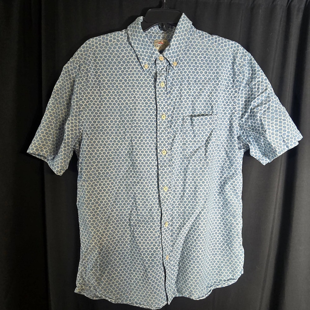 Faherty Brand Mens Large Indigo Blue Scalloped Fish Scale Short Sleeve Shirt L